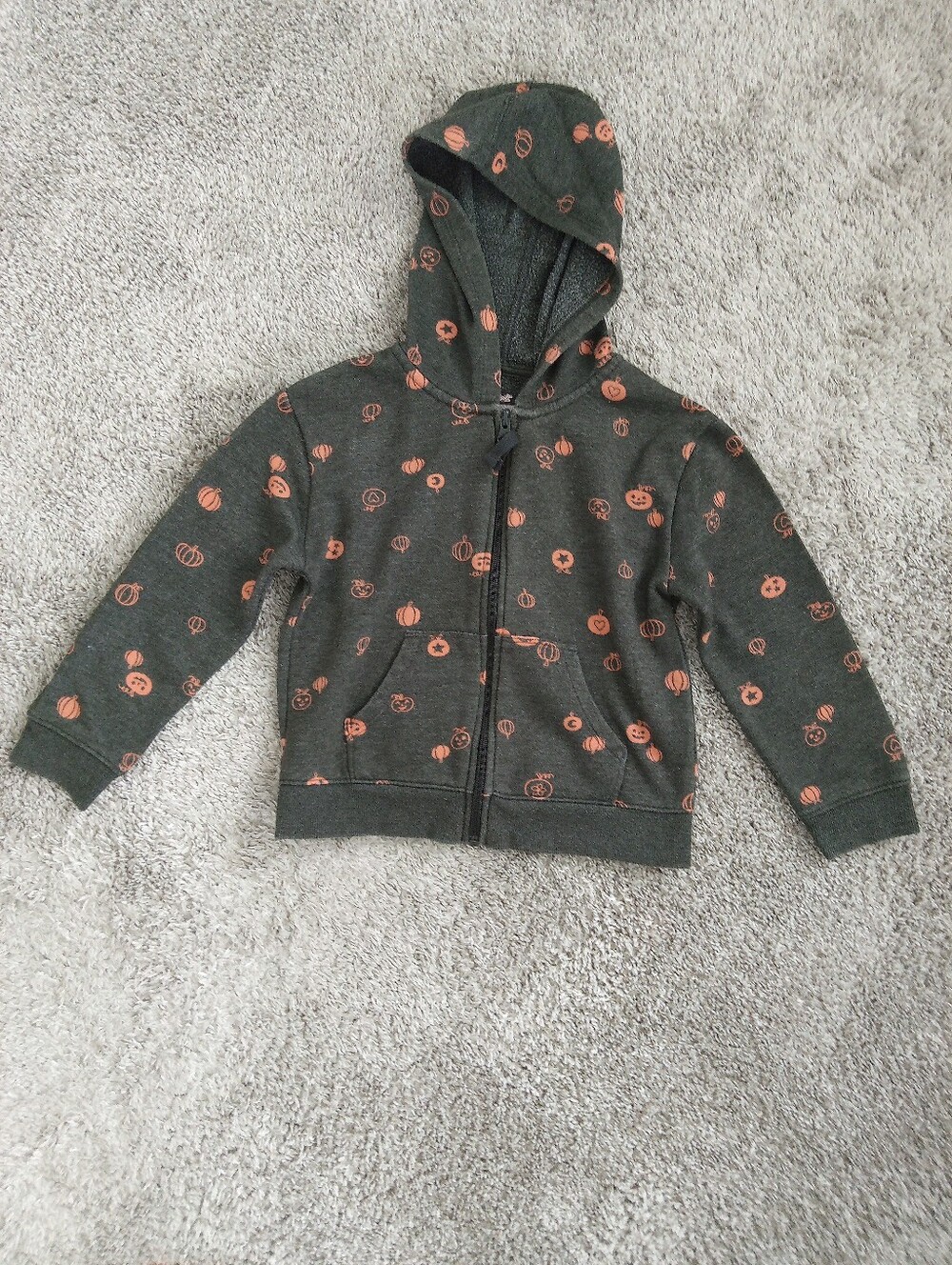 Toddler Boy Hooded Zip-Up Sweatshirt - Dark Gray with Orange Pumpkin Print. 5T